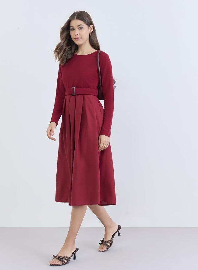 Styli Women Maroon Belted A-Line Midi Dress - Image 1